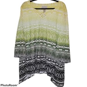 Alfred Dunner Plus Size 3/4 Sleeve Long Flowy Top Gree, Yellow, Black 215